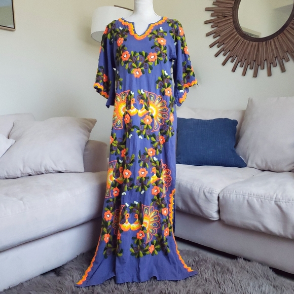 Unbranded Dresses & Skirts - Vintage Mexican Maxi Embroidered Periwinkle Orange Kaftan Dress